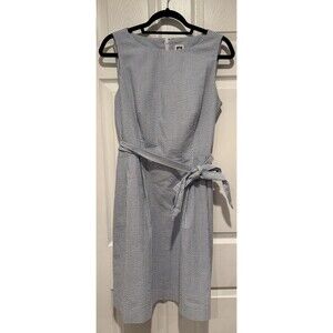 Anne Klein Women Blue/White Striped Seersucker Sheath Dress Tie Zip 10